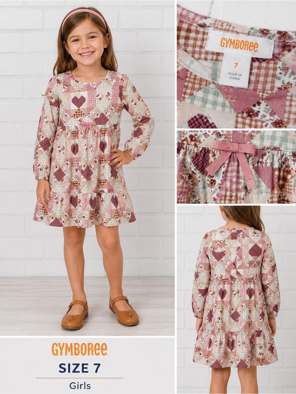 Gymboree Girls sweet Patchwork Heart Print Cottagecore boho Long Sleeve Dress/7